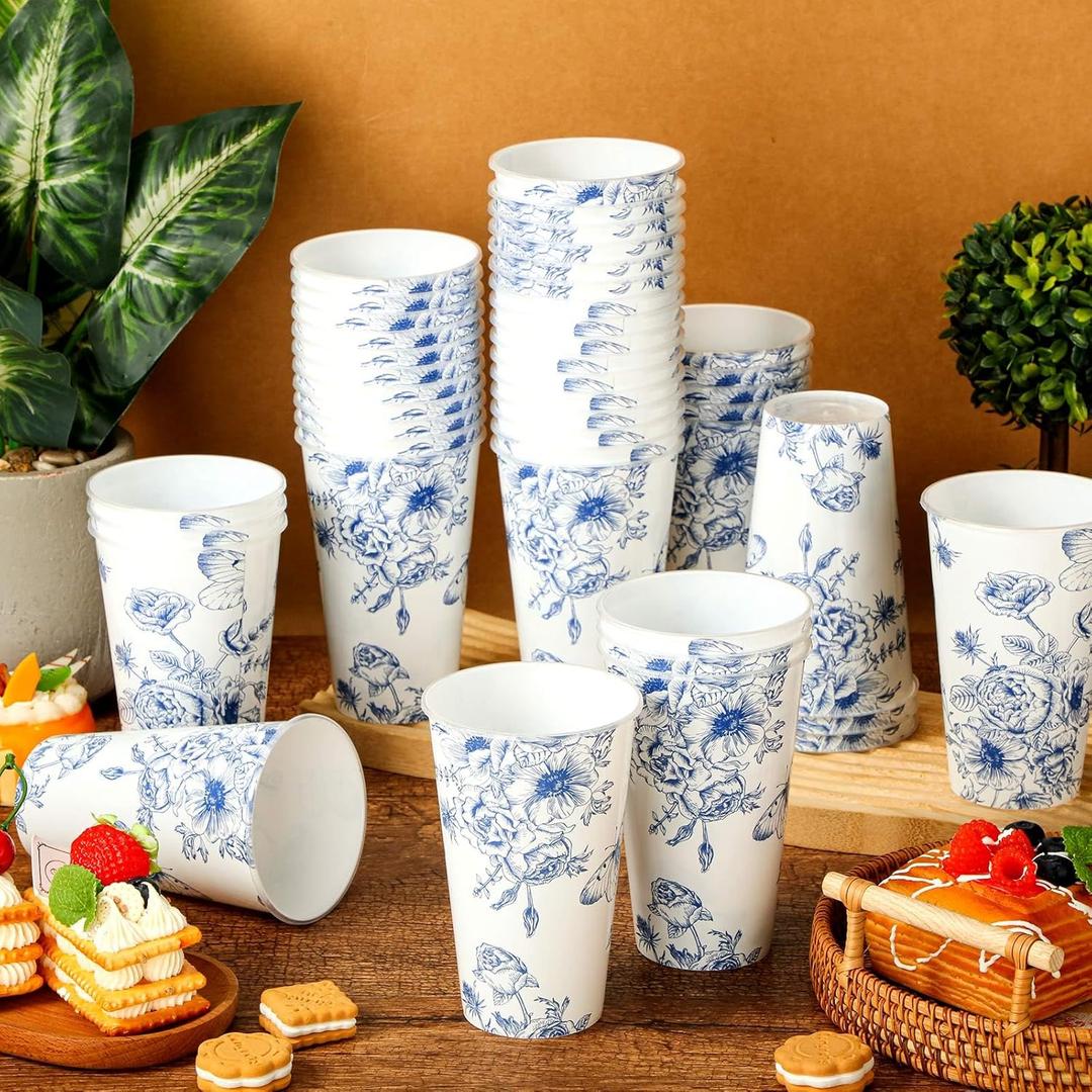 Layhit 50 Pcs 16 oz Blue and White Flower Disposable Cups Blue Chinoiserie Flower Plastic Cups Floral Party Decorations Hot Cold Drinks for Birthday, Bridal Shower, Tea Wedding Party