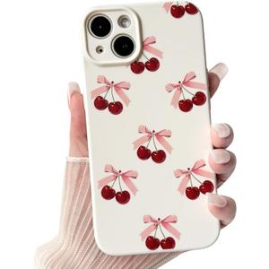 NITITOP Compatible with iPhone 13 Case Cute Cherry Bow Ribbon Design for Women Girls Soft TPU Fit Slim Stylish Full Camera Protection Phone Cover - White Back