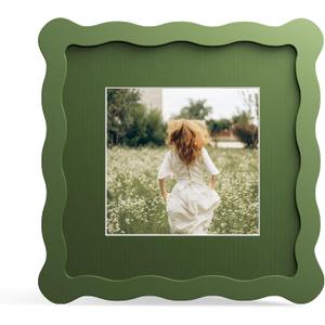 6x6 Picture Frame with Mat for 4x4, Wavy Edge Wooden Real Glass Photo Frame for Tabletop and Wall Hanging, Green, 1 Pack