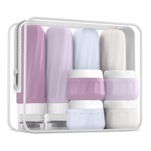Travel Size Toiletries 8 Pack, TSA Approved 3oz/1oz Silicone Refillable Containers with Clear Travel Bag (Lavender)