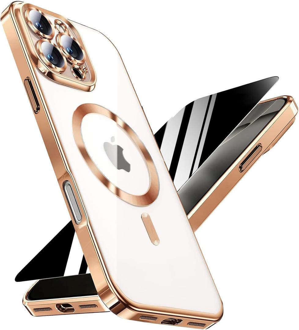 Magnetic for iPhone 16 Pro Max Case with Privacy Screen Protector & Full Camera Cover,[Non-Yellowing] Plating Glossy Soft Shockproof Clear Phone Case with MagSafe Women Girls for 16 ProMax,Gold