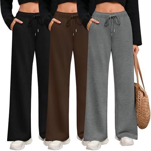Riyiper 3 Pack Women Wide Leg Sweatpants Drawstring Straight Pants Elastic Waist Joggers Open Bottom Sweatpants with Pockets(Dark Gray, Coffee, Black,XL)