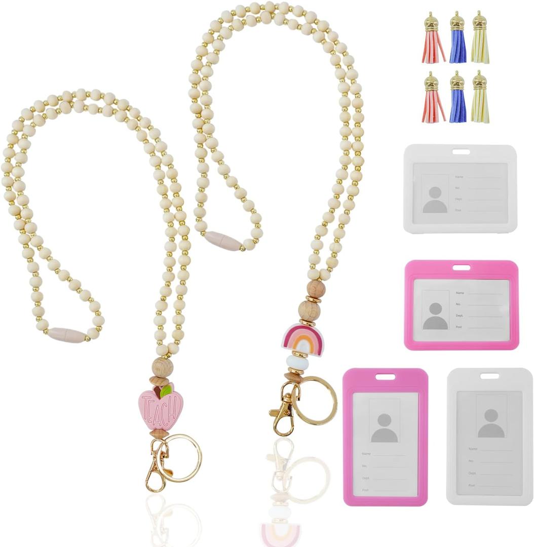2 x 2Pcs teacher lanyard with id holder teacher lanyard With 6 tassels (purple, pink, beige) and 4 ID. covers (2 white and 2 pink)