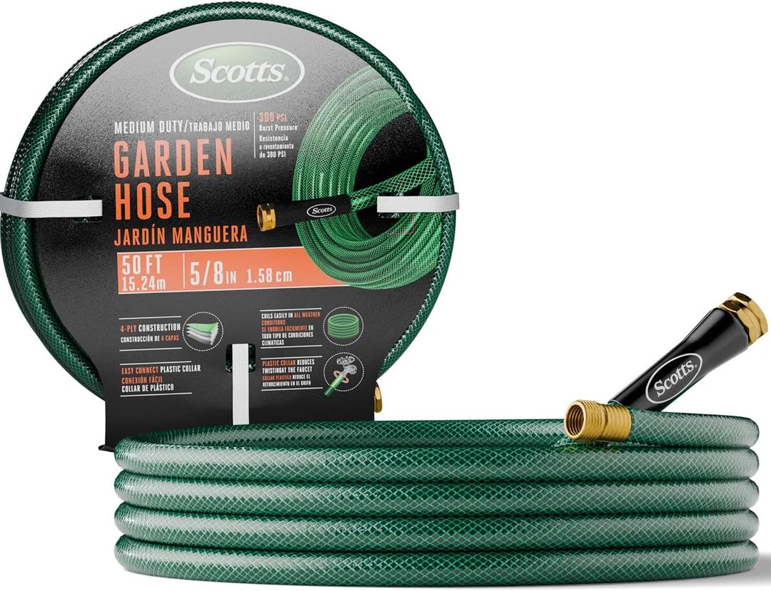 Scotts 50 ft. Garden Hose  5/8 in. Diameter, 4-Ply Construction, 300 PSI, High-Pressure, Easy-to-Coil Water Hose with Crush-Resistant Couplings, Easy to Connect for Lawn and Garden Use