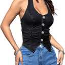 OYOANGLE Women's Button Front Denim Jacket Vest Sleeveless Vintage Halter Jean Crop Tank Top (Medium, Black)