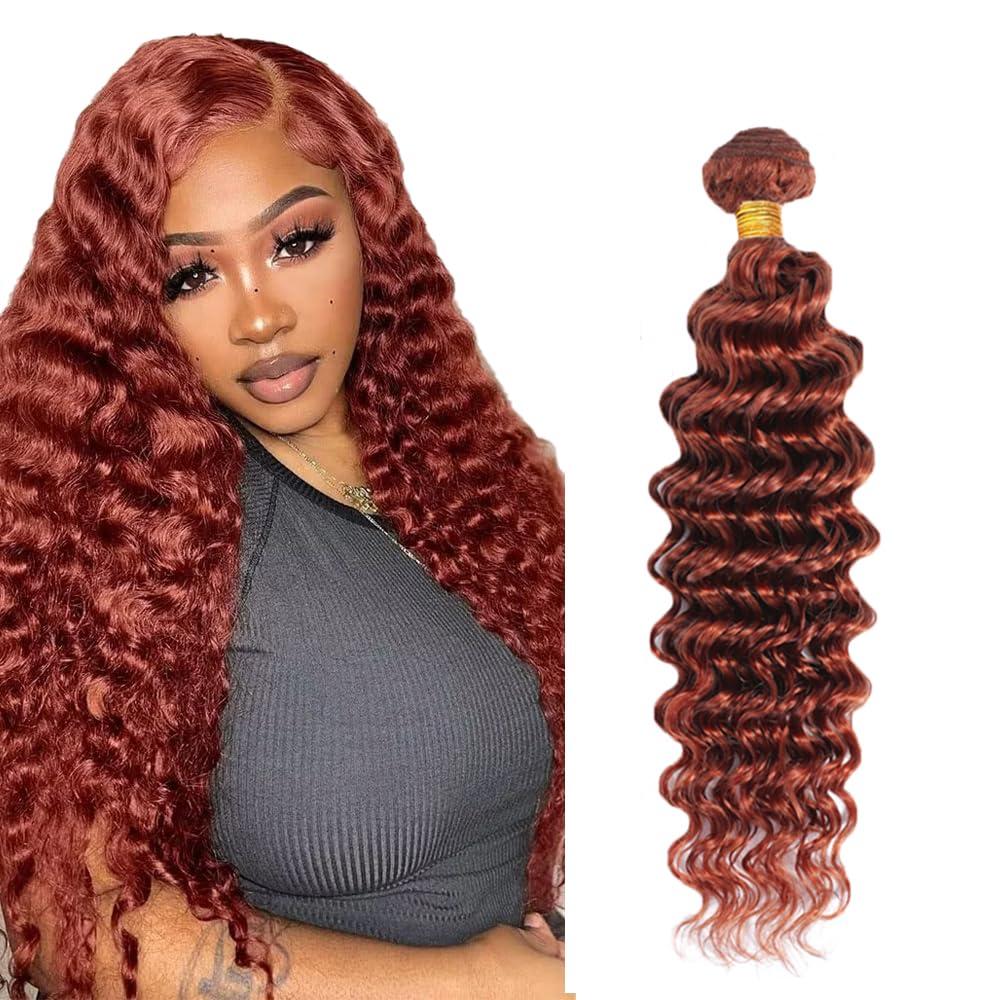 Copper Brown Bundles Human Hair Auburn Deep Wave Bundles Huxowax Virgin Soft and Silky Remy Hair single bundle 22 Inch Double Weft Color 33 Deep Wave Bundle 50g