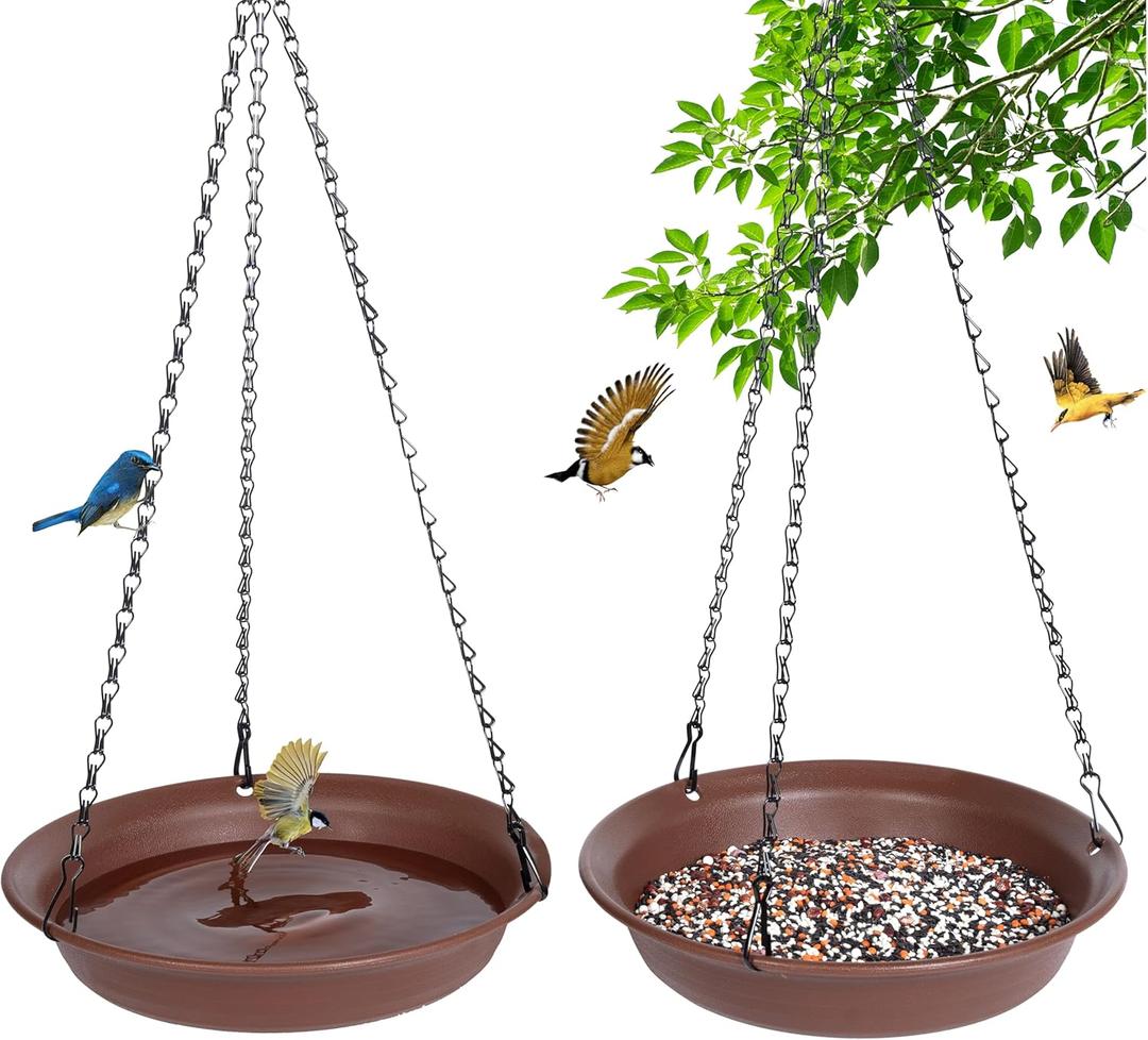 Hanging Bird Feeder & BirdBath for Outdoors, Wild Bird Feeders Tray, Hanging Birdbaths Trays for Outside, Cardinal, Blue Jay, Crow, Birdfeeders Outside (12", 1 Pcs with Hole & 1 Pcs No Hole) (Dark Brown, Pack of 2)