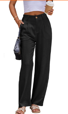 Women's Linen Casual High Waist Wide Leg Straight Dress Cotton Linen Pants Button Trousers, Medium