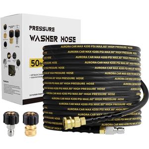 AURORA CAR Pressure Washer Hose 50FT with 3/8 Inch Quick Connect, Kink Resistant High Tensile Wire Power Washer Hose, Industry Grade for Power Washer Hose with 2 pcs M22 14mm Adapter Set,4200 PSI
