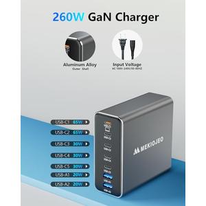 Aluminum Alloy 260W USB C Charger GaN Fast USB C Charging Station 7 Ports 65W Laptop Charger for MacBook Pro/Air/iPad Pro/iPhone (Gray)