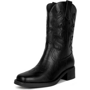 ISNOM Cowgirl Cowboy Boots for Women Western Square Toe Boots for Women Pull-on Tab (No-Zipper) and Unique Embroidery Design (7.5, Black)