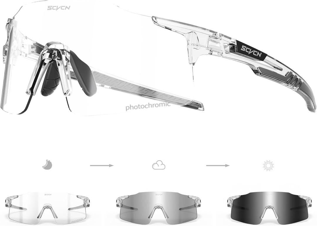 SCVCN Photochromic Cycling Glasses Sports Sunglasses Men Women Clear Bicycle MTB UV400 Protection TR90 Frame Bike (18 Transparent Frame)