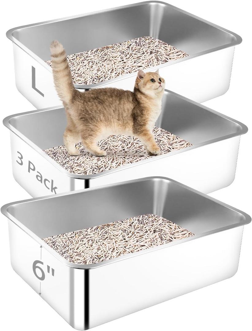 Stainless Steel Litter Box, 3 Pack 19.7"x13.8"x5.9" Large Metal High Sided Cat Litter Pan, Stainless Steel Box Splash-Proof and Non-Stick Cat Poop Box odorless