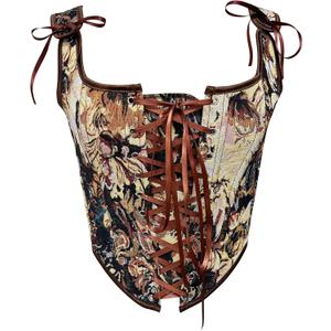 MakeMeChic Women's Floral Print Lace Up Corset Top Tie Front Boho Shirt Crop Tops (Medium, Multicolor)