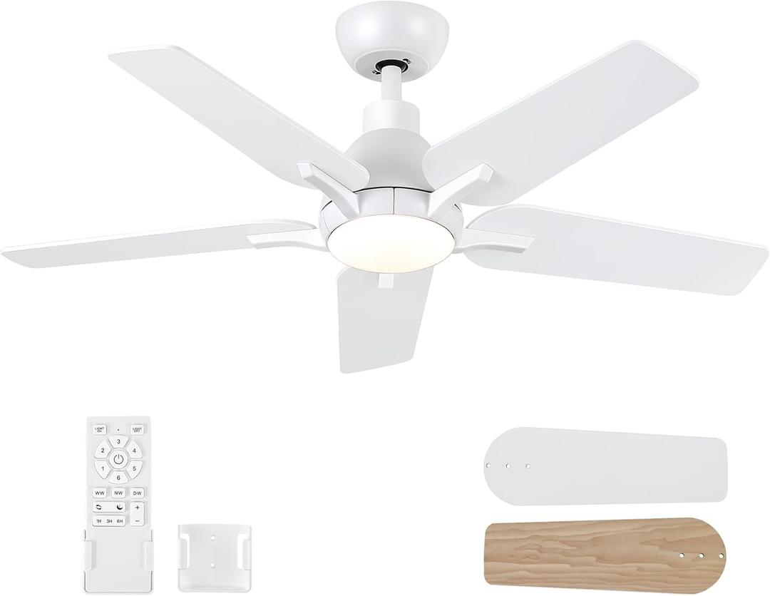 42 Inch Ceiling Fans with Lights and Remote, White Ceiling Fan, 5 Blade Modern Ceiling Fan for Bedroom, Living Room, Dining Room, Patio, Dimmable 6 Speeds DC Quiet