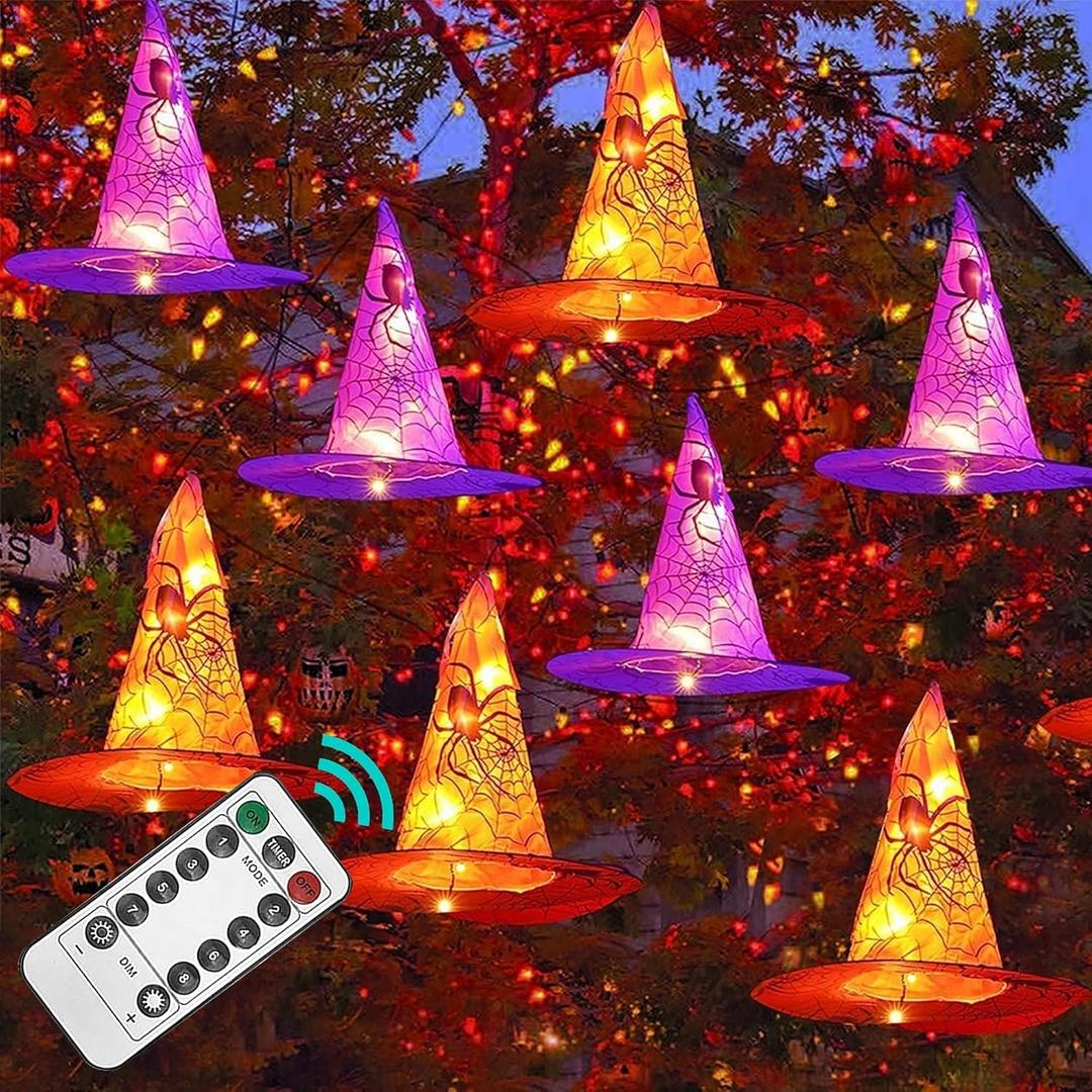 FUNPENY 2 Pack Halloween Decoration Lights, 8 PCS Waterproof Hanging Witch Hat with String Lights with Remote, Hanging Halloween Decorations for Indoor Outdoor Garden Yard Party Decor (Purple and Orange)