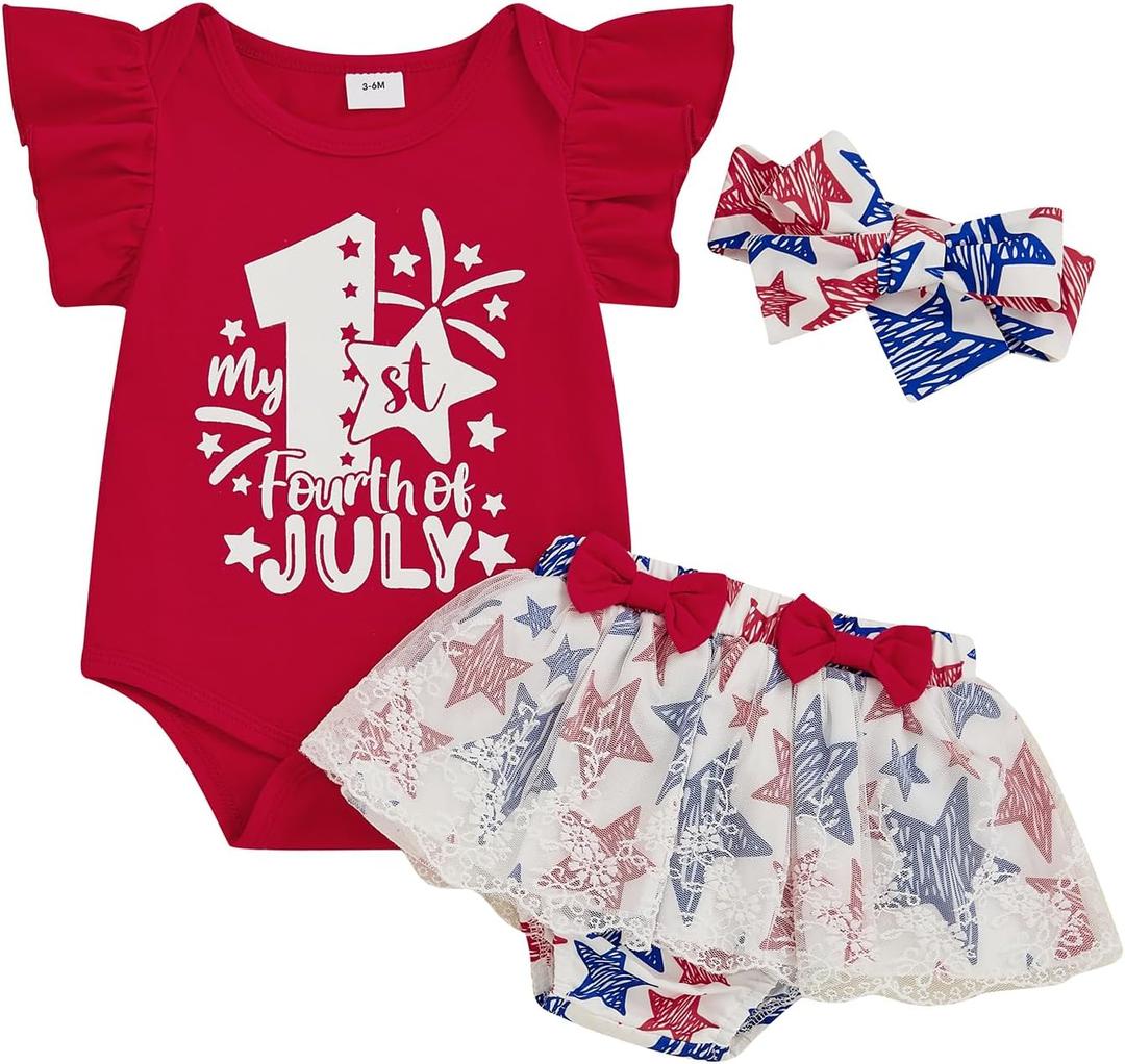 Toddler Baby Girl 4th Of July Outfit Ruffle Romper Star Shorts Skirt Headband Independence Day Clothes Dress Set (12-18 Months)