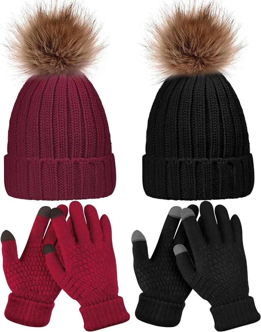 4 Pcs Winter Beanie Hat Gloves Set Pom Knit Unisex Warm Fleece Lined Hat Touchscreen Gloves for Women Men Couples Friends (Black and Red)