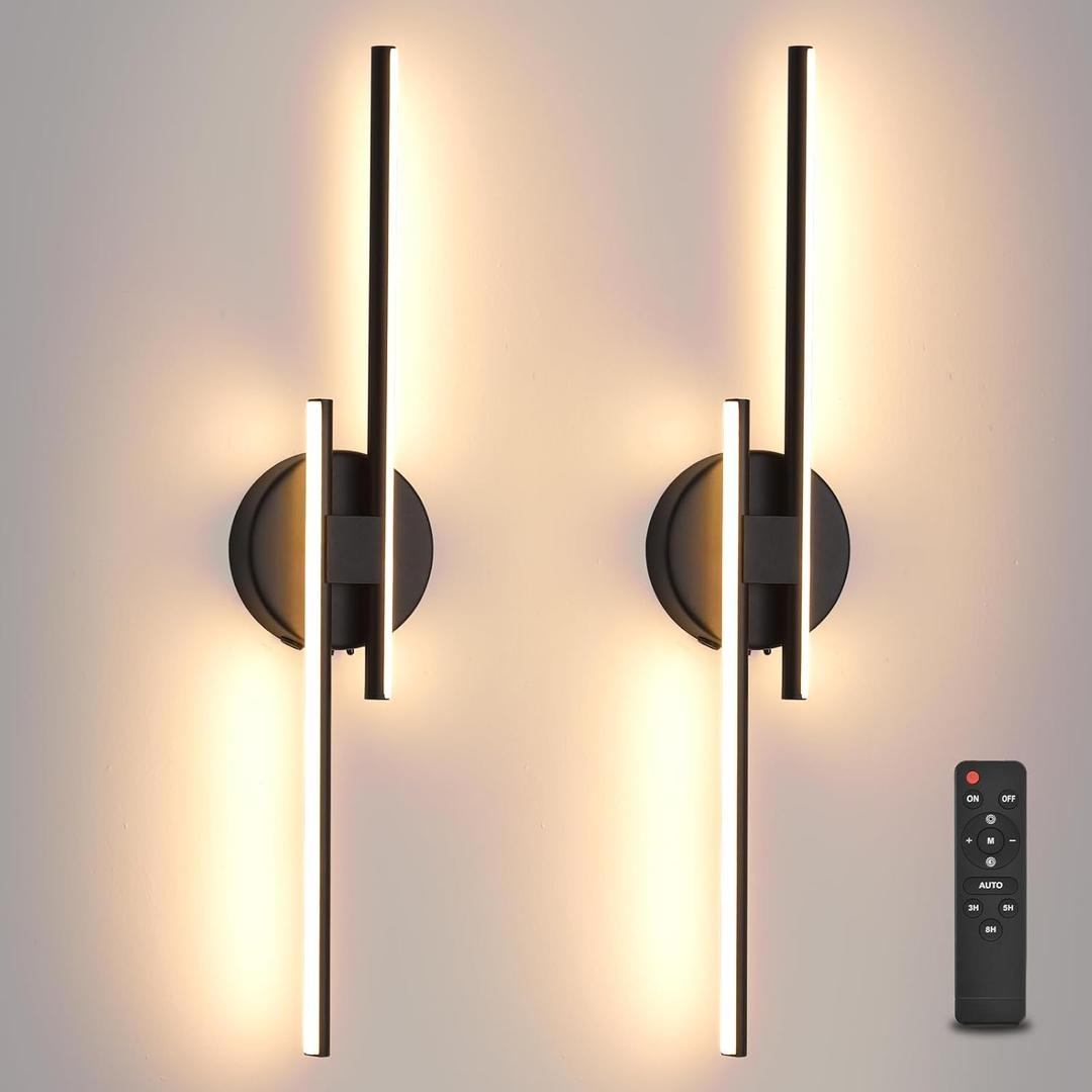 Rechargeable Battery Operated Wall Sconce Set Of Two, Black Wireless LED Wall Sconces With Remote Control, Dimmable 3 Colors Cordless wall lights for Living Room, bedroom, Hallway, 23.6 Inch ( 2pcs), 23.6" 2-Pack
