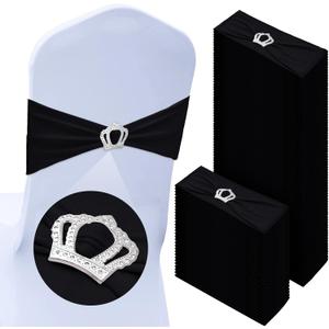 VitalCozy 100 Pcs Spandex Chair Sashes with Crown Buckle Slider Stretch Chair Bands Cover Ties for Wedding, Banquet, Gala, Corporate Event, Birthday Party, Baby Shower(Black)