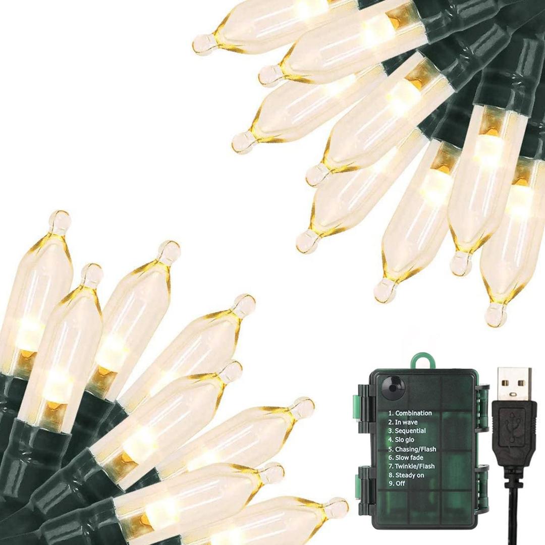 Green Convenience Christmas Lights 33ft 100 LED Battery String Lights with Timer Memory Function USB or Battery Powered Waterproof String Lights for Indoor Outdoor Decoration (Warm White)