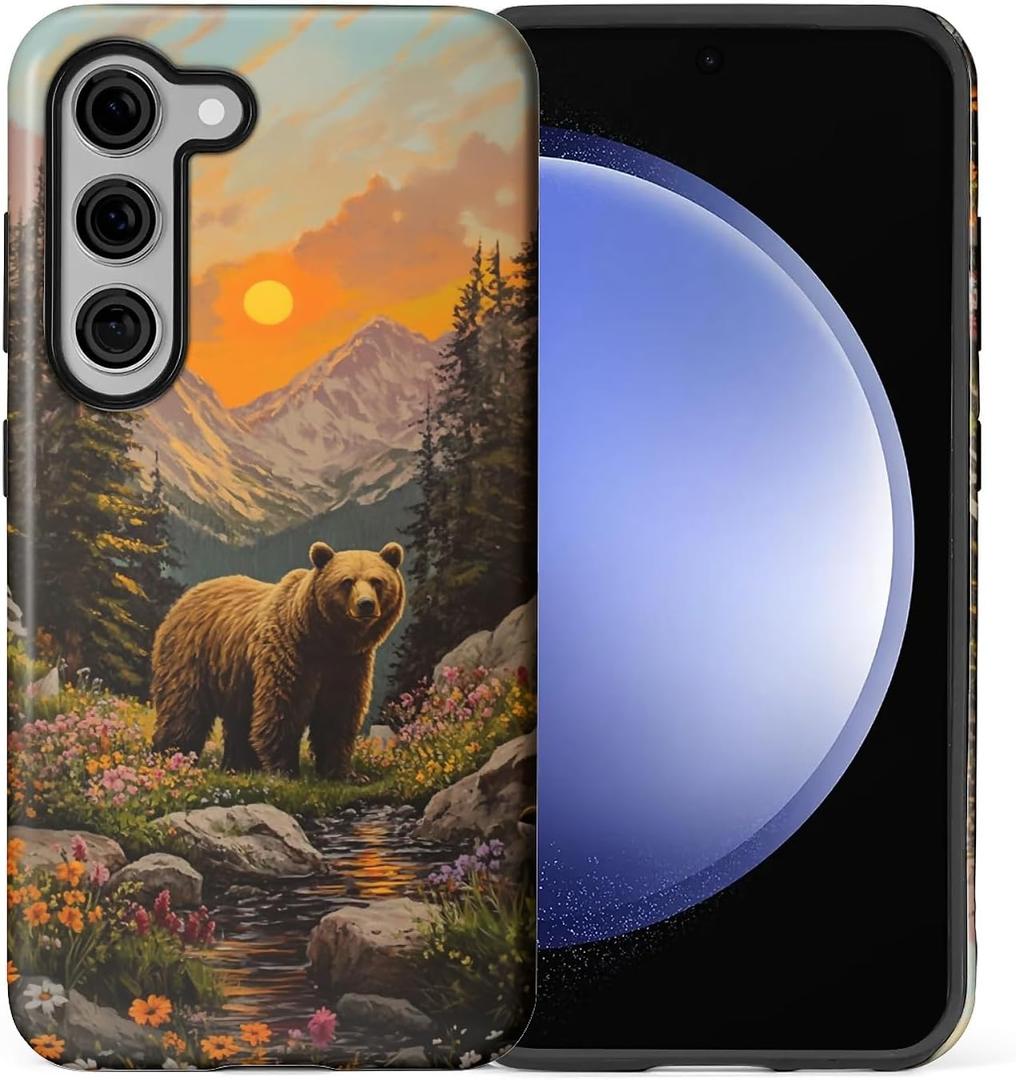 Compatible with Samsung Galaxy S25 Plus Glossy Case for Girl Boy Full Body Design Soft Silicone Drop Shock Scratch Protection Crazy Pattern Brown Bear Forest Colorful Flowers Mountains