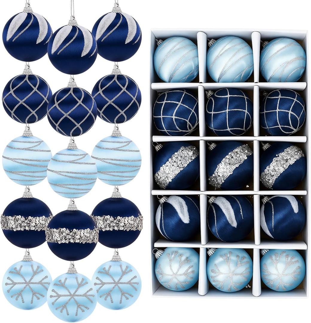 HyDren 15 Pcs 2.4 Inch Christmas Satin Navy Blue Ornaments Luxury Silk Shatterproof Christmas Tree Hanging Ball Decorations for Home Xmas Tree Party Holiday Supplies