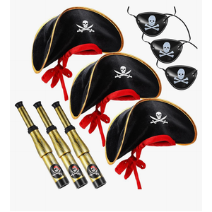 SKYLETY 9 Pieces Pirate Costume Accessories Telescopes Eye Patches for Halloween Cosplay (Pirate Captain Hat)