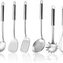 6-Piece Kitchen Cooking Utensils Set, Stainless Steel Kitchen Utensils with Suspendable Handle, Spatula, Slotted Turner, Soup Ladle, Slotted Spoon, Whisk, Pasta Server, Dishwasher Safe