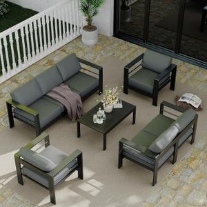 Garvee Aluminum Patio Furniture Set with Coffee Table, Outdoor Sectional Patio Set with Washable Thick Cushions, Patio Conversation Sets for Porch, Pool Side, Deck (Gray, 5 Piece / 7-Seats) (Grey)
