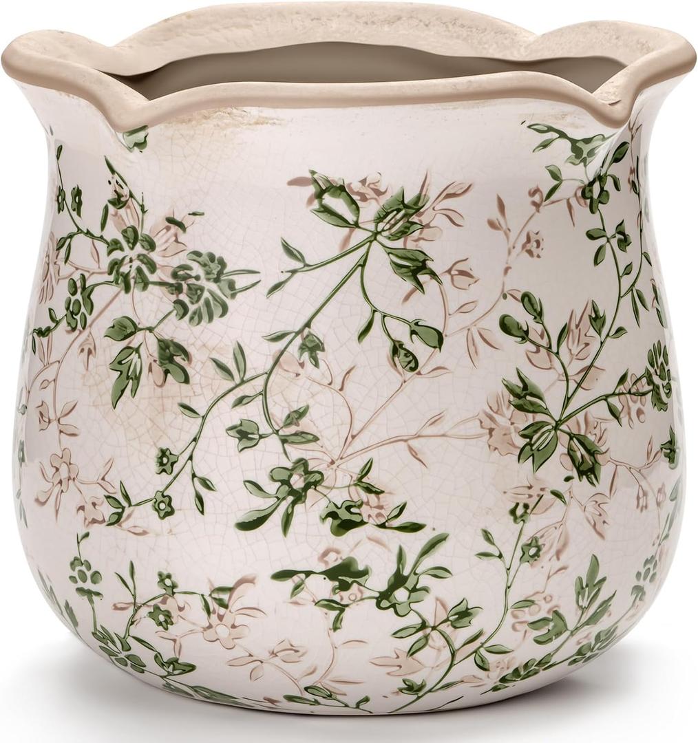 Vintage Ceramic Planter Pot with Drainage Holes, Green Floral Design, 6.11 Inch, Distressed Tuscan Style, Indoor Plant Pot and Vase (Sage Beige)