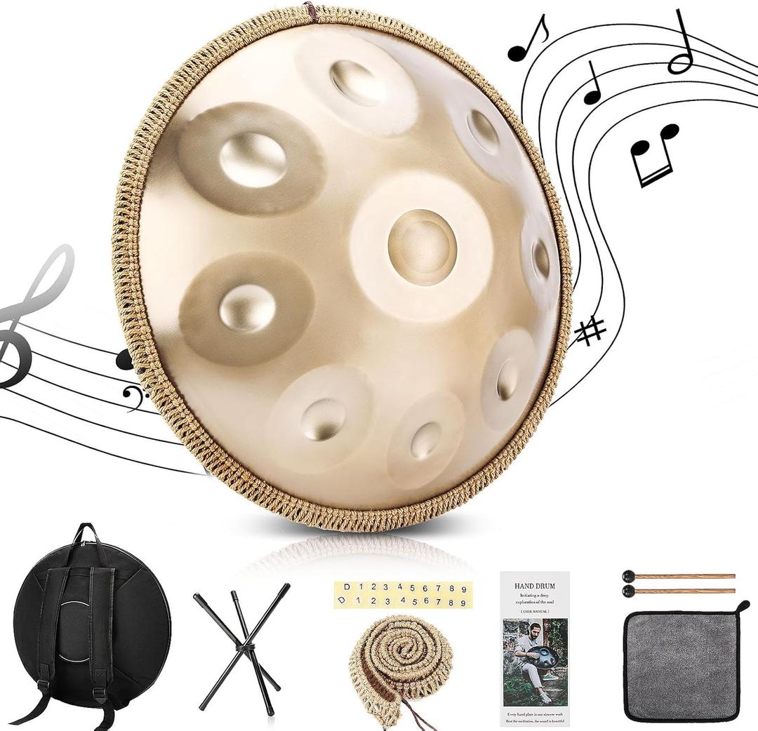 Handpan 22 Inches Drum Set, 440Hz 9 Notes Hand Drum Instrument, Premium Steel Hand Drum, Includes Carrying Case, Drumsticks, Spiral Wraps, Instruction Guide
