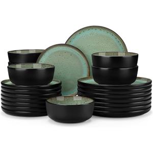 vancasso Plates and Bowls Sets, 22 Pieces Stoneware Dinnerware Sets for 8, Kitchen Dish Set Mircowave and Dishwasher Safe Ceramic Dishware, Turf Green, Series AMBER