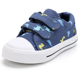 K KomForme Toddler Boys & Girls Shoes Kids Canvas Sneakers with Cartoon Dual Hook and Loops (Blue Dinosaur) Size 10