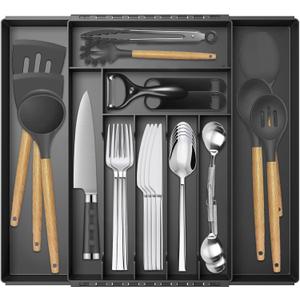 Silverware Organizer, Expandable Kitchen Drawer Organizer, Adjustable Cutlery Organizer, Forks, Knifes, Multipurpose Storage Divider(7-9 Slots), Large, Black