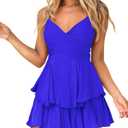 Hocuos Women's Dress Sexy V-Neck Adjustable Spaghetti Strap Waist Tie Sleeveless Layer Ruffle Hem A Line Mini Dresses (Medium, 15 Royal Blue)