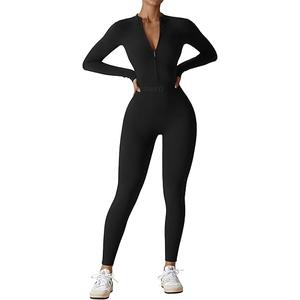 Women Stand Collar Ribbed Bodysuit Full Suit Long Pants Leggings Workout Fitness Catsuit with Front Zipper M