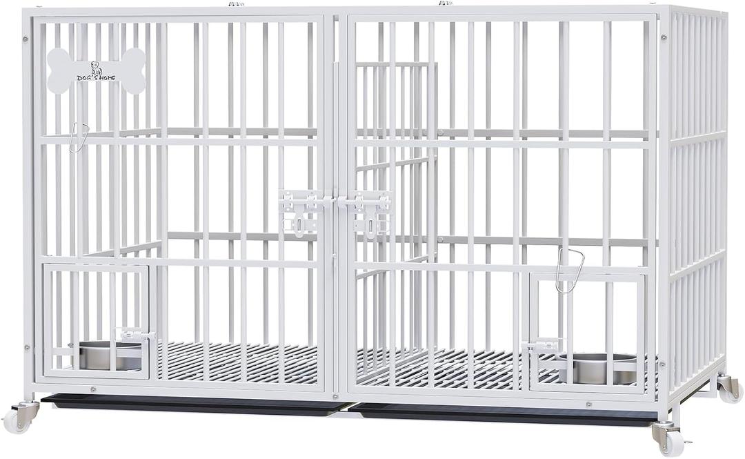 Dosker 42 inch Heavy Duty Metal Dog Crate Cage with Divider for 2 Dogs/Large Dog,All Metal Open Top Escape Proof Cage,Kennel Indoor with Wheels,2 Tray,Feeding Bowl(White)