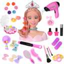 36PCS Doll Head Hair Styling Makeup Toy Set Kids Pretend Play Styling Set with Hairdryer Curling Iron Crown Accessories Beauty Stylist Kit Gifts for 3 4 5 6+ Years Old