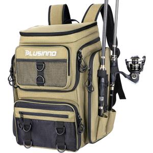 PLUSINNO Fishing Backpack with Rod Holders Tackle Box, 42L Large Water-resistant Fish Tackle Bag Store Fishing Gear (Khaki)