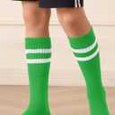 Haloumoning 3 Pairs Boys Soccer Athletic Socks Kids Striped Football Knee High Uniform Sports Tube Socks 4-15 Years (Green, M)