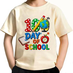 100 Days of School Shirt for Kids Boys Girls Funny 100th Day of School Toddler Graphic Short Sleeve T-Shirt 3-7T (Beige)