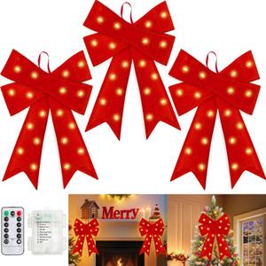 3 Pack 24'' x 14'' Prelit Red Christmas Bows with 20 LED Lights & Remote Timer, 8 Modes Battery Operated Large Velvet Outdoor Christmas Bows for Wreaths, Garlands, Tree Topper, Fireplace Decor