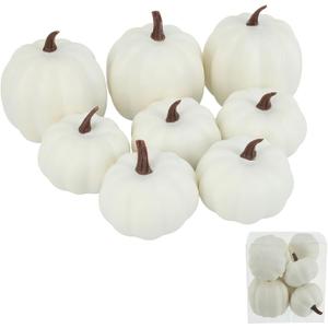 Fake Pumpkins, 8 Pcs White Artificial Pumpkins, Plastic Pumpkins for Thanksgiving Party Table Centerpiece Autumn Home Decoration-A