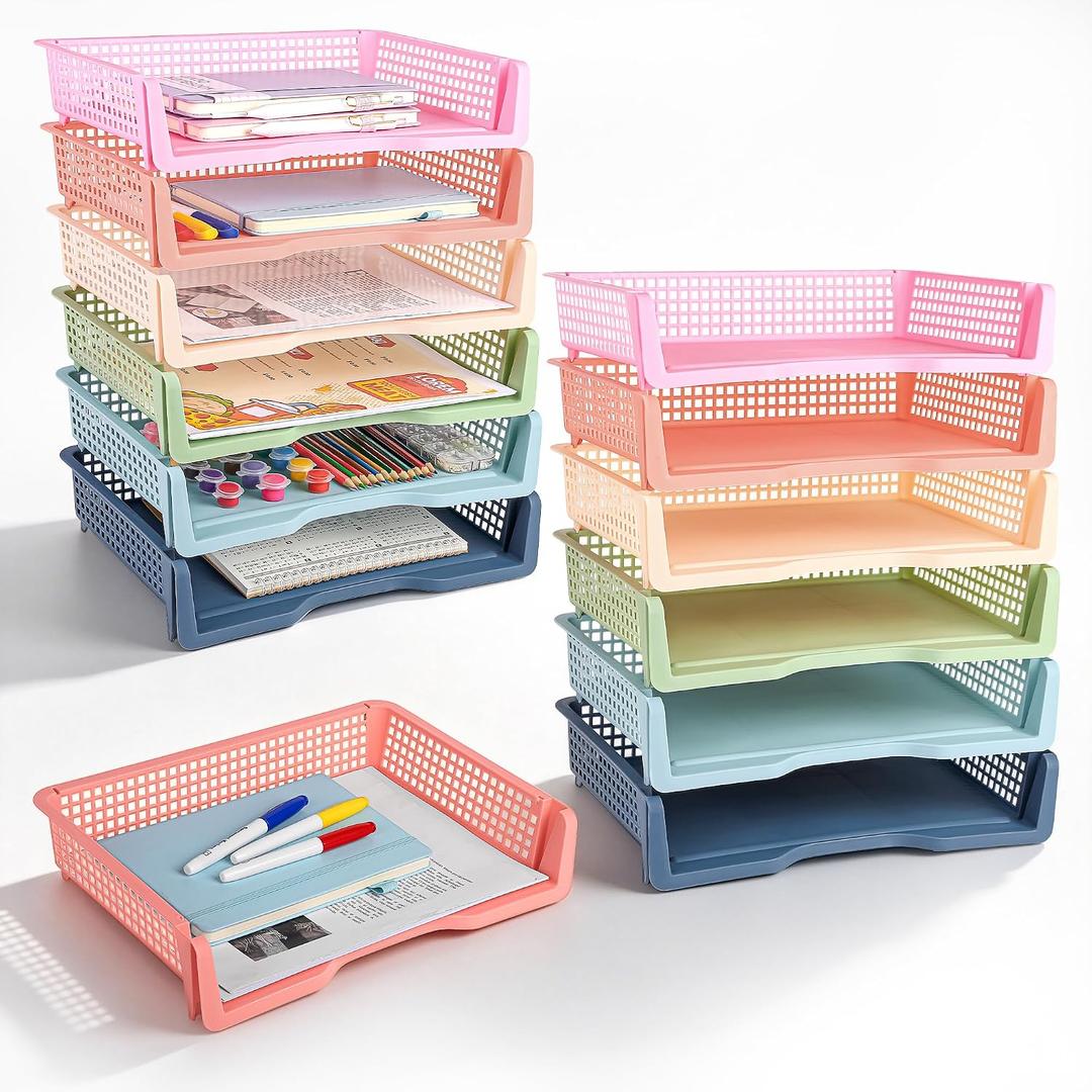 Aneco 12 Pack Turn in Trays Classroom Boho Color Stackable Paper Tray Teachers Desk Organizer Bin for Classroom Teachers Organization Office Home Paper Storage,13.4 x 10.2 x 9 Inch