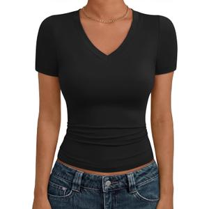 Trendy Queen Womens Basic V Neck Short Sleeve Spring T Shirts Slim Fit Crop Y2k Tee 2026 Summer Gym Workout Cute Top, Black, M