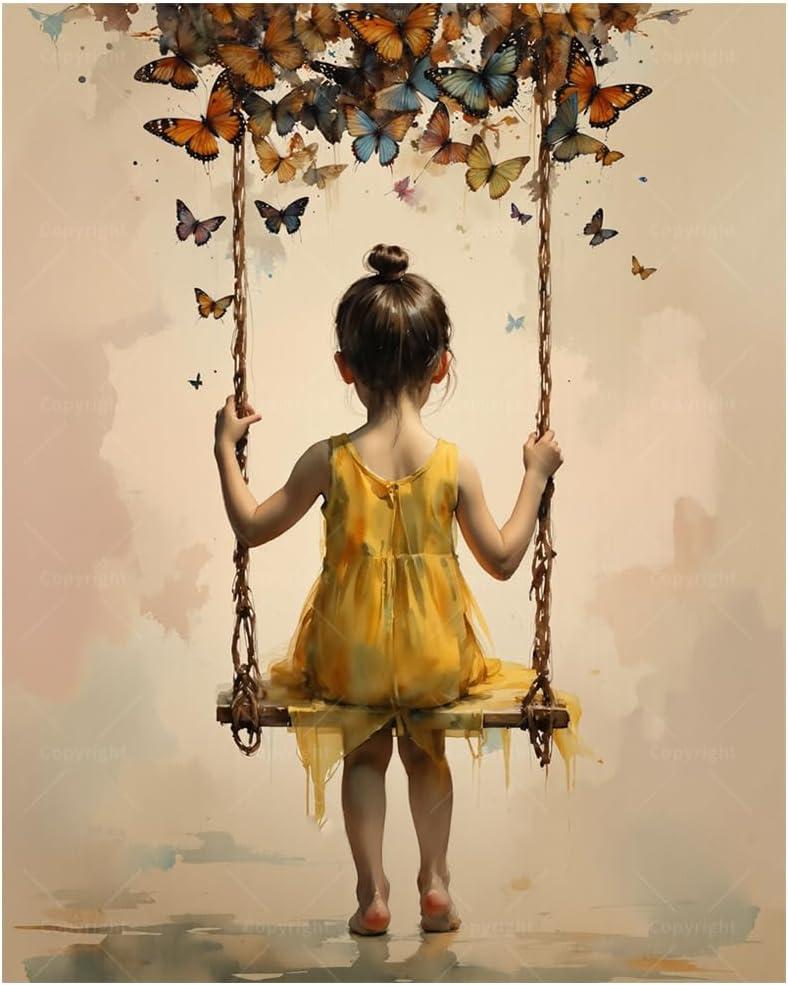 Whimsical Girl Paint by Numbers Kit for Adults - DIY Girl on Swing with Butterflies Painting on Canvas, Acrylic Paint Set, Suitable for Beginners, Art for Home Decoration or Gifts(16X20IN Framed)