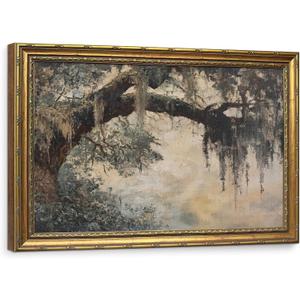 Vintage Gold Framed Landscape Wall Art, Large Live Oak Tree Moss Canvas Prints, Southern Cottagecore Picture Wall Decor for Living Room Above Bed, Aesthetic Nature Artwork, 16x24 Inch