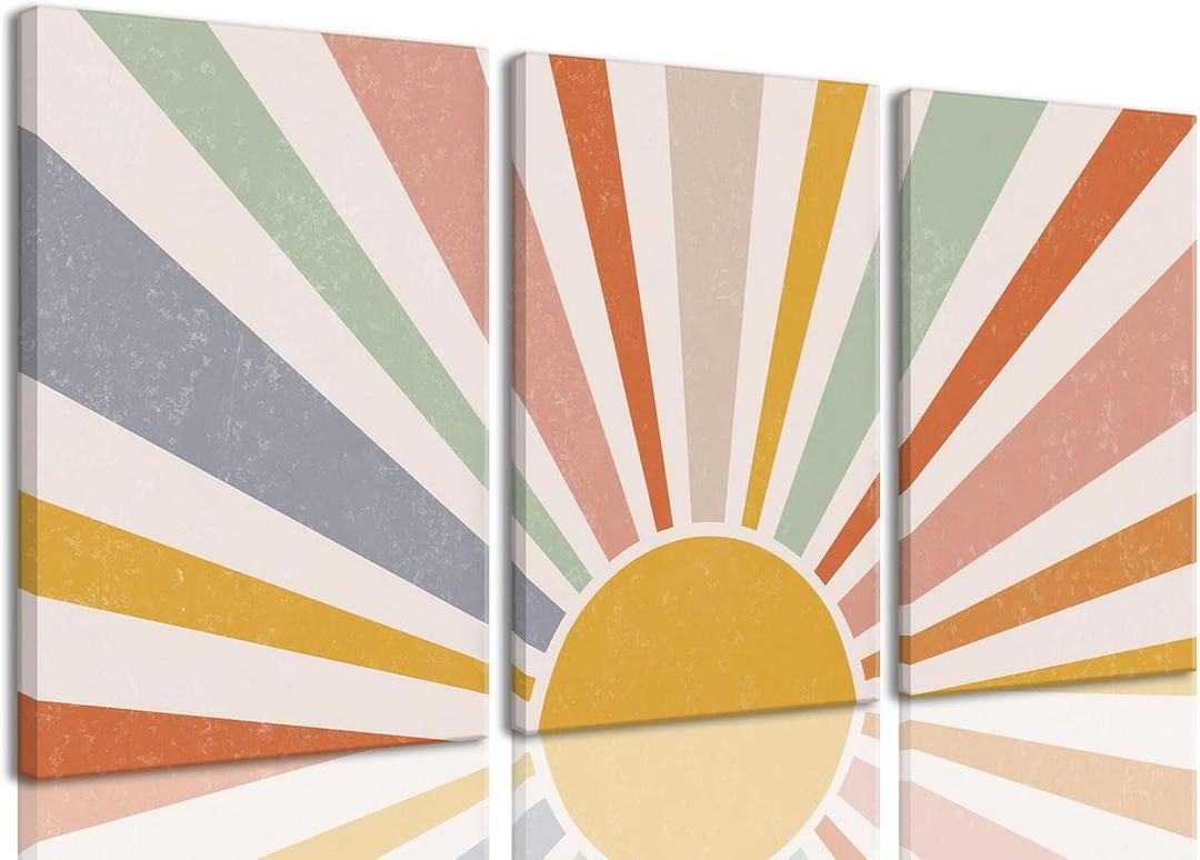 okudolit Boho Sun Canvas Wall Art prints Set of 3 Rainbow Sun Rising on Horizon Line Wall Decor Colorful Abstract Geometric Paintings Pictures for Living Room Bedroom Toddler Kids Room-12x16in (12"x16" Canvas, Colourful)