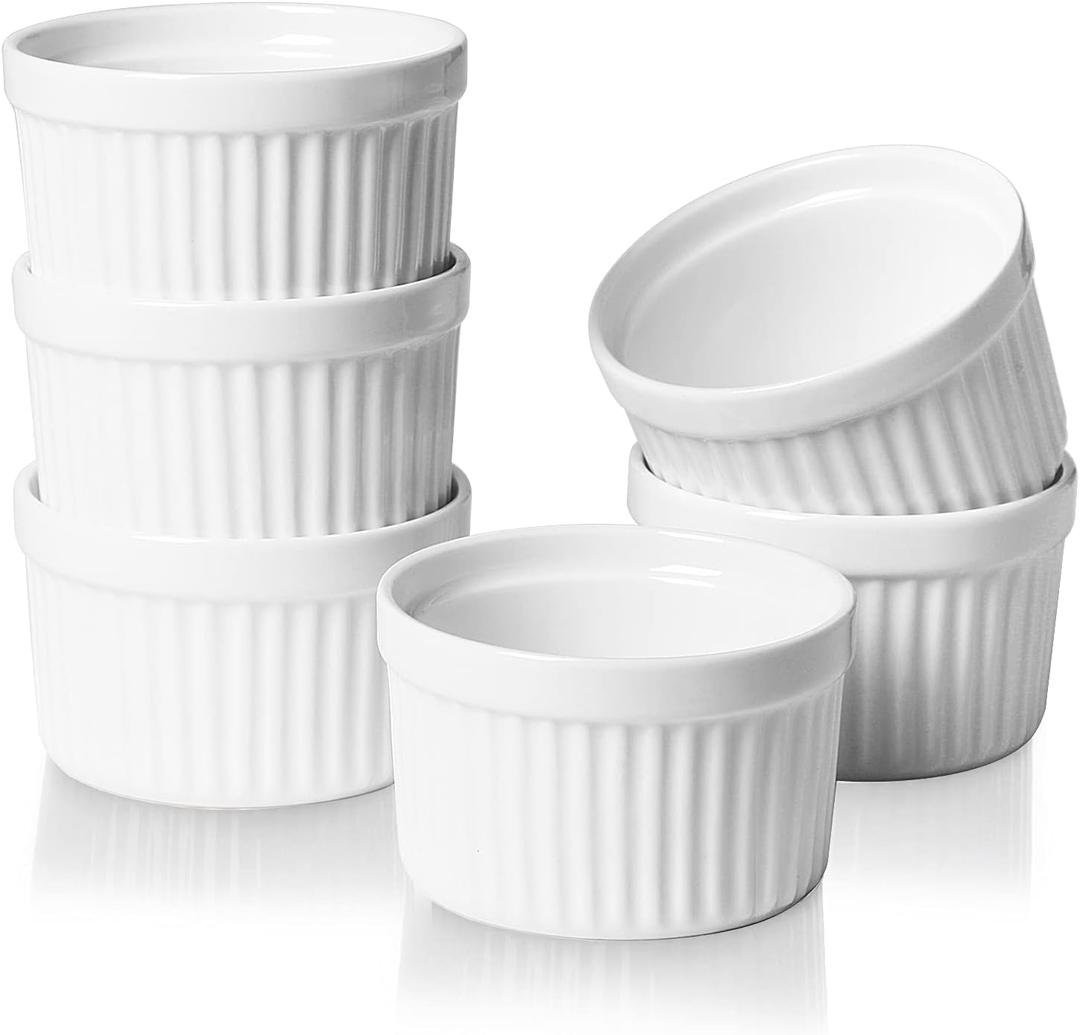 ONTUBE Ramekins - Porcelain Ramekins for Creme Brulee Dishes,Dipping Sauces,Baking Pudding Cups, Souffle Bowl,Oven Safe, Set of 6 (4OZ, White) ONTUBE Ramekins - Porcelain Ramekins for Creme Brulee Dishes,Dipping Sauces,Baking Pudding Cups, Souffle Bowl,Oven Safe, Set of 6 (4OZ, White)